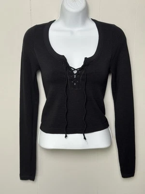 NWT BDG Women’s Black Lace-Up Waffle Modal Blend Long Sleeve Top Size M/L - Image 1 of 4