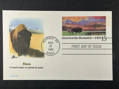 US FDC Postal Card 1988 Bison 15¢ America the Beautiful Buffalo WY  b26 - Image 1 of 2