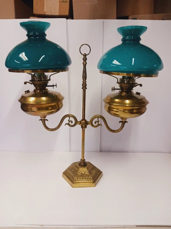 LARGE John Scott Brass Duplex Student Lamp Double Oil 4 Wicks Adjustable Height  - Image 1 of 4
