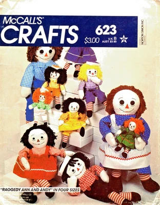 Raggedy Ann and Andy Dolls in 4 Sizes McCalls Sewing Pattern 623 With Transfers - Image 1 of 2