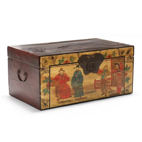 Ornate Lacquer Painted Vintage Mid to Late-20th Century Chinese Wood Trunk Chest Cover