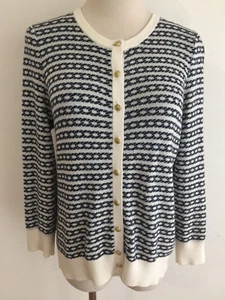 Banana Republic Silk-Blend Cardigan Sweater Ivory Navy w/Gold Metal Buttons Sz M - Picture 1 of 12