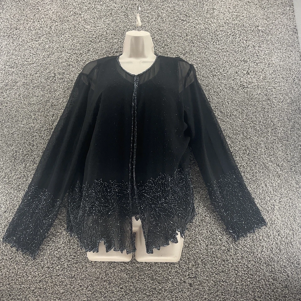 J Kara Cardigan And Tank Semi Sheer Beaded Long Sleeve Large Black Excellent - Image 1 of 4