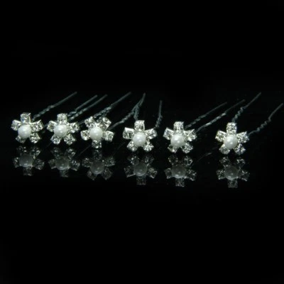 Silver Rhinestone Daisy Flower Pearl (Imitation) Center Bridal Hair Pin Set Of 6 - Image 1 of 4