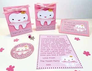 Personalised Tooth Fairy Letter And Gift, Gift Bags, Sticker, First Tooth, Pink - Picture 1 of 7