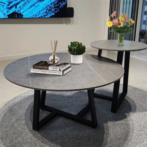 2Pcs Round Nesting Coffee Table Grey Marble End Side Tables Furniture Cross Legs - Picture 1 of 12