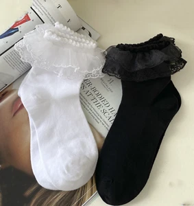 Women Teen Girls Ankle Fancy Retro Ruffle Frilly Lace White OR Black dress Socks - Picture 1 of 22