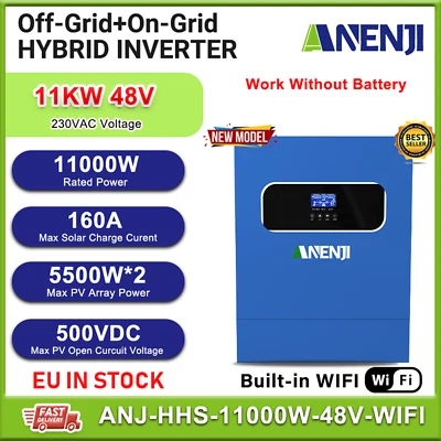 ANENJI 11KW Ibrido Inverter Solare On-Grid Off-Grid 2*MPPT 160A 48V 500V WIFI integrato