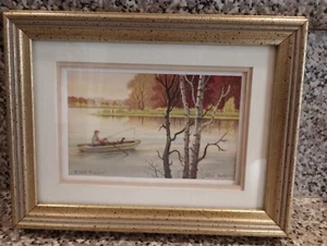 John Bradley original art painting fishing dog boat outdoors nature canoe trees - Picture 1 of 7
