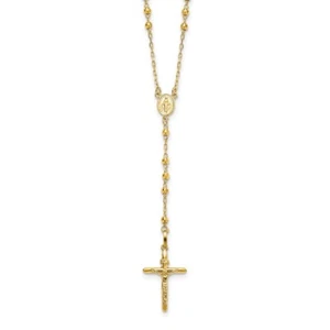 Real 14kt Yellow Gold Diamond-cut 3mm Beaded Semi-solid Rosary Necklace; 24 inch - Picture 1 of 5