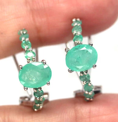 7 X 9 Mm. Oval Mit Rund Grün Smaragd Ohrringe Silber 925 Sterling - Bild 1 von 4