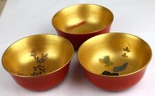 Vintage Japanese Wooden Lacquer Bowl Red Outside Gold Inside Flower Decor