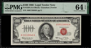 1966 $100 Legal Tender FR-1550 - Red Seal - Graded PMG 64 EPQ - Picture 1 of 2