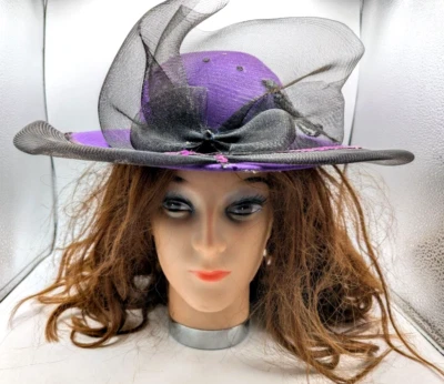 VTG Bollman & Co. 100% Wool Doeskin Felt Purple Wide Brim Black Tulle Bow ON14 - Image 1 of 4