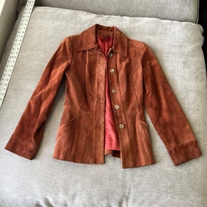 Womens 5/6 Vintage 70s Brown Suede Leather Butterfly Collar Jacket - Picture 1 of 11