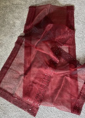 POTTERY BARN Cranberry Red Beaded Silk Organza Runner Holiday Table 16 x 108 in - Image 1 of 4