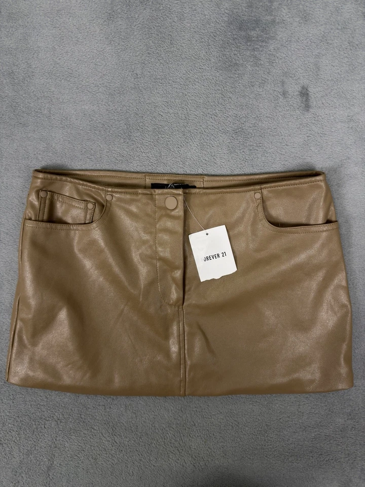 Новый навсегда 21 юбка женщин маленький коричневый искусственной кожи мини короткая кнопка - Изображение 1 из 4