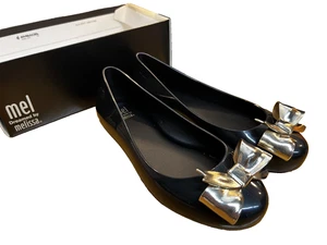 NIB Girls 3 MEL Mini Melissa Black GOLD BOW Space Love II Holiday Dress shoes - Picture 1 of 10