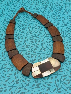 Striking Ethnic Bohemian Rich Wood & Mother Of Pearl Inlay Beaded Necklace - Image 1 of 4
