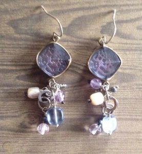 SILPADA Sterling Silver 925 Brass Amethyst Frosted Glass Drop Earrings W2247 - Picture 1 of 12