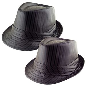 Men's Satin Silky Feel Stripe Trilby Fedora Hat Cap Black Brown