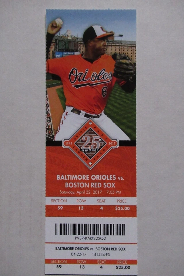 ORIOLES VS RED SOX 4/22/2017 FULL TICKET ~ JAYSON AQUINO {1ST CAREER WIN) - Image 1 of 1