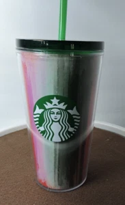 Starbucks green/red /white striped 16 oz with lid and straws - Picture 1 of 7