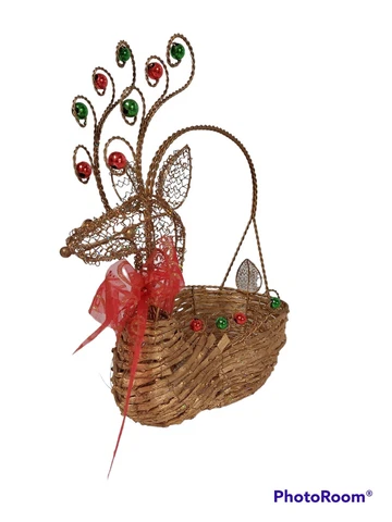 Christmas Reindeer Basket Gold Wire & Wood Woven Red Green Bulbs Aprx 12" Cover