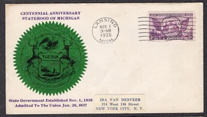1935 Michigan Statehood 100th (Scott 775) - Planty #775-1 FDC NX967 - Picture 1 of 1