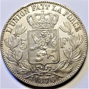 1876 Belgium 5 francs VF silver coin, Leopold II, small head, F w/o dot, type A - Picture 1 of 4