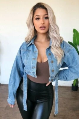 Женская мода плюс размер шик укороченный подпоясанный джинсовой ткани Jean куртка укороченный верхний повседневный - Изображение 1 из 2