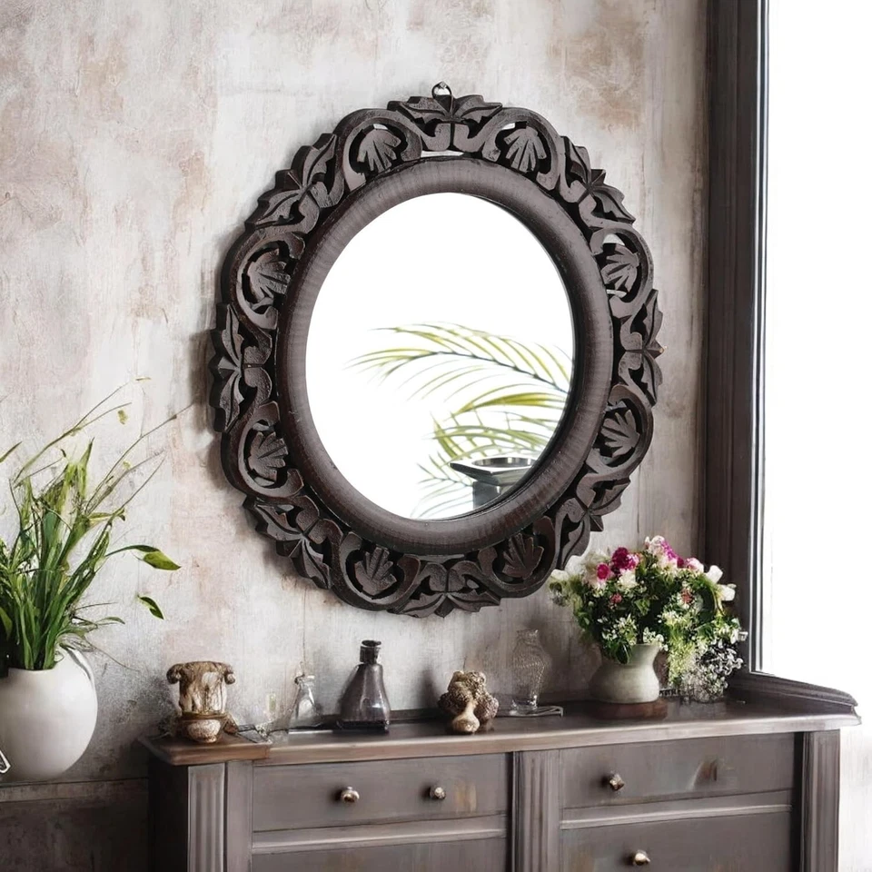 Wooden Mirror, Walnut Color, 16"x16" – Pack of One, French Style, Elegantly - Image 1 of 4