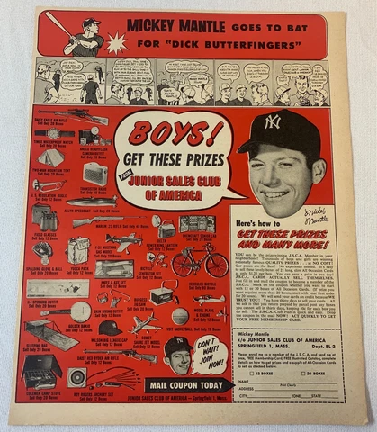1957 Junior Sales Club ad ~ MICKEY MANTLE ~ Goes To Bat For Dick Butterfingers Cover