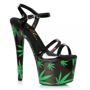 Black Green Platform Weed Marijuana Print Stripper Pole Dancer High Heels Shoes - Picture 1 of 2