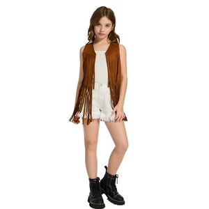 Girls Kids Fringe Vest 60s 70s Hippie Cowgirl fringed leather jacket Halloween - Picture 1 of 19