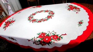 Christmas 67" Round Tablecloth Poinsettia Ribbon White Polyester Cotton Brazil - Picture 1 of 12
