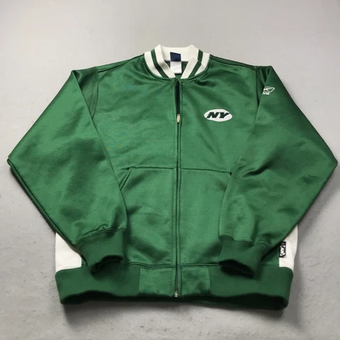 New York Jets Jacket Mens Medium Green White Reebok Bomber Full Zip NFL Logo Cover