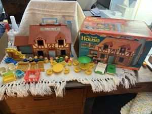 Vintage Fisher-Price Little People Play Family Brown Tudor House Box Extras - Picture 1 of 17