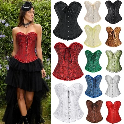 Women's Corset Top Lace Up Satin Boned Overbust Bustier Top Vintage Halloween UK - Image 1 of 4