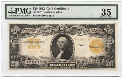 FR. 1187 1922 $20 Gold Certificate PMG Choice VF35 - Large Size - Image 1 of 2