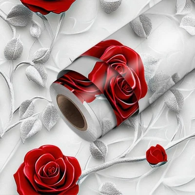 Papel pintado rosa roja OMETITUTE pelar y pegar floral en relieve #2  Foto 1 de 4