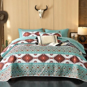 - Western Quilt Set, Southwestern Aztec Country Style with Rustic Ranch Vibe,... - Picture 1 of 7