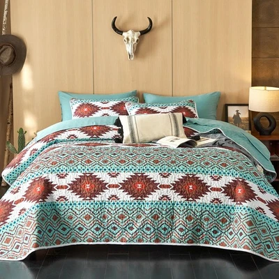 - Western Quilt Set, Southwestern Aztec Country Style with Rustic Ranch Vibe,... - Image 1 of 4