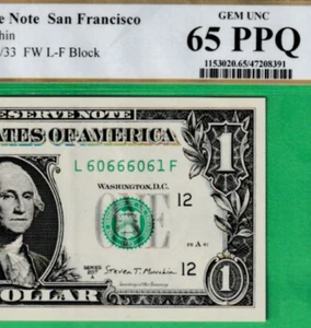 $1 Federal Reserve note FLIPPER FANCY Serial Numbers 60666061 PCGS 65 - Picture 1 of 3
