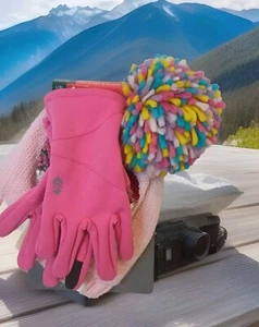 Girls Patterned Beanie & Glove Set Ladderback Knit Beanie & Glove Set L/XL Pink - Picture 1 of 8
