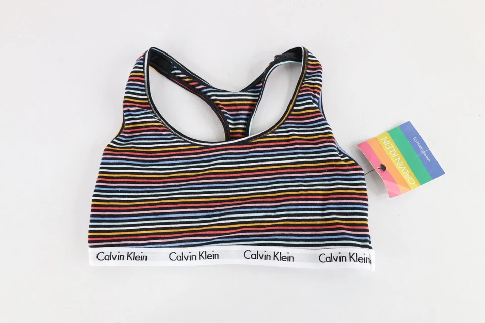 Deadstock Vintage Y2k Calvin Klein Spell Out Rainbow Striped Unlined Bralette - Image 1 of 4