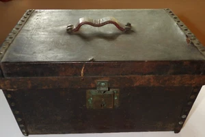 Antique Early Primitive Wood Leather Covered 19th Document Box 15" w/ Wallpaper - Picture 1 of 3