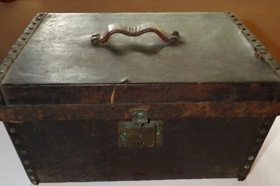 Antique Early Primitive Wood Leather Covered 19th Document Box 15" w/ Wallpaper - Image 1 of 3