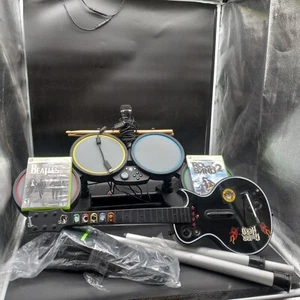 Xbox 360  Rock Band Wired Drums Guitar  Hero Les Paul Guitar Rb2 & Beatles Games - Picture 1 of 8