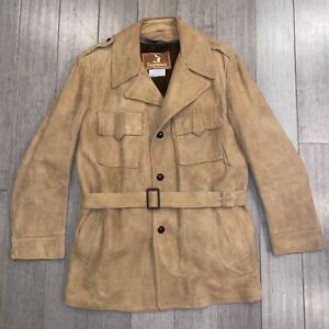 Vtg 60s 70s Trench Coat Mens Large Suede Leather Jacket Dupont Quilon Disco Mod